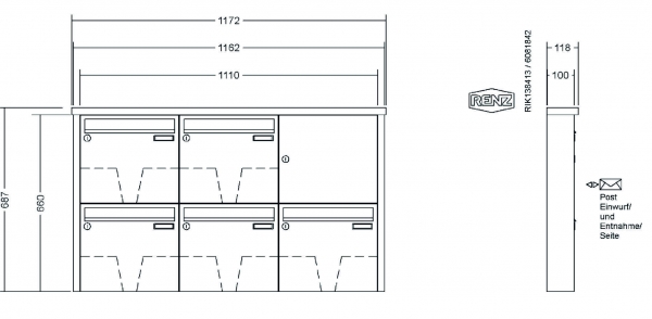 RENZ Briefkastenanlage Aufputz, Tetro, Edelstahl V4A, Kastenformat 370x330x100mm, 5-teilig